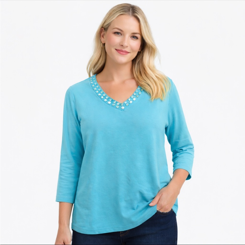 Quacker Factory Women’s Blue V Neck Top L beaded 3/4 Sleeve Stretch Casual

⸻